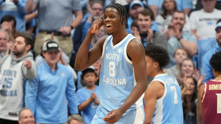 Dec 30, 2025; Chapel Hill, North Carolina, USA; North Carolina Tar Heels forward Caleb Wilson (8) reacts in the first half at Dean E. Smith Center. Mandatory Credit: Bob Donnan-Imagn Images