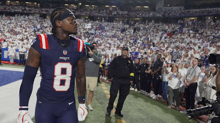 Stefon Diggs, a former Bills player, looks around at the crowd as the crowd has a mixed reaction to his return with another team before the Bills home game against the New England Patriots at Highmark Stadium in Orchard Park on Oct. 5, 2025.