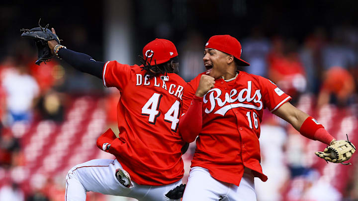 Sep 25, 2025; Cincinnati, Ohio, USA; Cincinnati Reds outfielder Noelvi Marte (16) reacts with shortstop Elly De La Cruz (44) after the victory over the Pittsburgh Pirates at Great American Ball Park. Mandatory Credit: Katie Stratman-Imagn Images