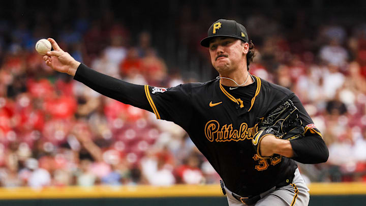 Pittsburgh Pirates starting pitcher Paul Skenes pitches against the Cincinnati Reds in the third inning at Great American Ball Park.