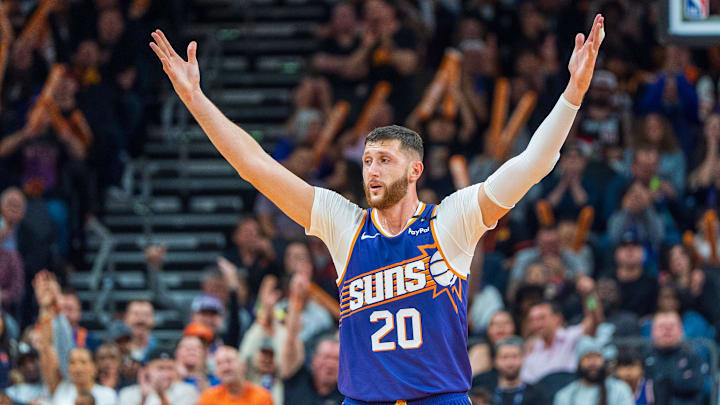 Nov 2, 2024; Phoenix, Arizona, USA;  Phoenix Suns center Jusuf Nurkic (20) reacts after hitting a three point shot in the second half during a game against the Portland Trail Blazers at Footprint Center. Mandatory Credit: Allan Henry-Imagn Images