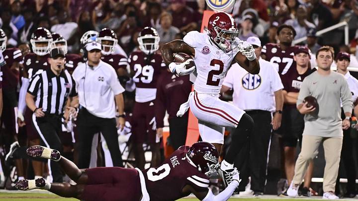 Sep 30, 2023; Starkville, Mississippi, USA; Alabama Crimson Tide running back Jase McClellan (2) runs the ball while defended by Mississippi State Bulldogs linebacker DeShawn Page (0) during the second quarter at Davis Wade Stadium at Scott Field. Mandatory Credit: Matt Bush-Imagn Images Sep 30, 2023; Starkville, Mississippi, USA; Alabama Crimson Tide running back Jase McClellan (2) runs the ball while defended by Mississippi State Bulldogs linebacker DeShawn Page (0) during the second quarter at Davis Wade Stadium at Scott Field. Mandatory Credit: Matt Bush-Imagn Images