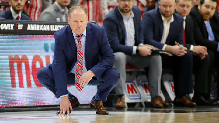 Jan 10, 2024; Columbus, Ohio, USA;  Wisconsin Badgers head coach Greg Gard watches his team on court.