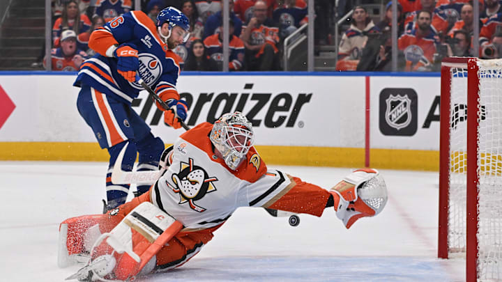 Apr 20, 2026; Edmonton, Alberta, CAN; Edmonton Oilers center Jason Dickinson (16) shoots the puck to Anaheim Ducks goalie Lukas Dostal (1) in game one of the first round of the 2026 Stanley Cup Playoffs during the first period at Rogers Place. Mandatory Credit: Walter Tychnowicz-Imagn Images