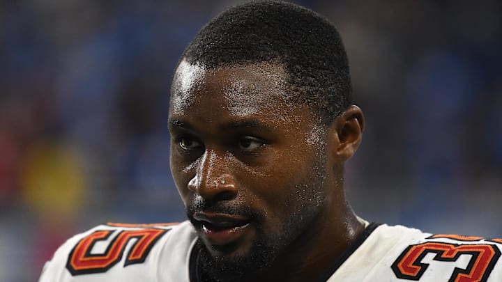 Sep 15, 2024; Detroit, Michigan, USA; Tampa Bay Buccaneers cornerback Jamel Dean (35) looks on after their game against the Detroit Lions at Ford Field. Mandatory Credit: Eamon Horwedel-Imagn Images
