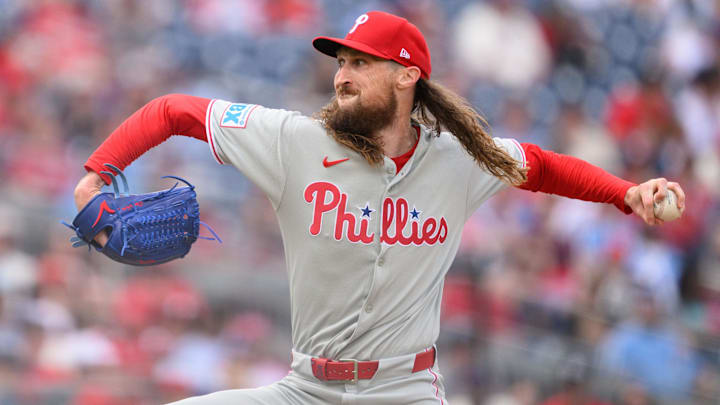 Mar 29, 2025; Washington, District of Columbia, USA; Philadelphia Phillies pitcher Matt Strahm (25) throws a pitch during the eighth inning against the Washington Nationals at Nationals Park.