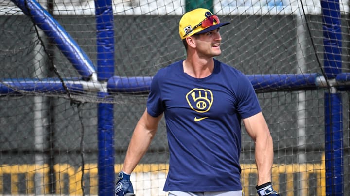 Milwaukee Brewers outfielder Jared Oliva walks to the batting cage during spring training workouts Monday, February 17, 2025, at American Family Fields of Phoenix in Phoenix, Arizona.