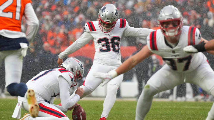 Jan 25, 2026; Denver, CO, USA; New England Patriots place kicker Andy Borregales (36) kicks a field goal against the Denver Broncos during the second half in the 2026 AFC Championship Game at Empower Field at Mile High. Mandatory Credit: Ron Chenoy-Imagn Images
