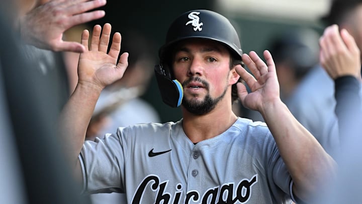 Chicago White Sox center fielder Dominic Fletcher (5) celebrates against the Detroit Tigers at Comerica Park. Chicago White Sox center fielder Dominic Fletcher (5) celebrates against the Detroit Tigers at Comerica Park.