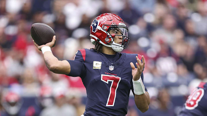 Nov 19, 2023; Houston, Texas, USA; Houston Texans quarterback C.J. Stroud (7) attempts a pass during
