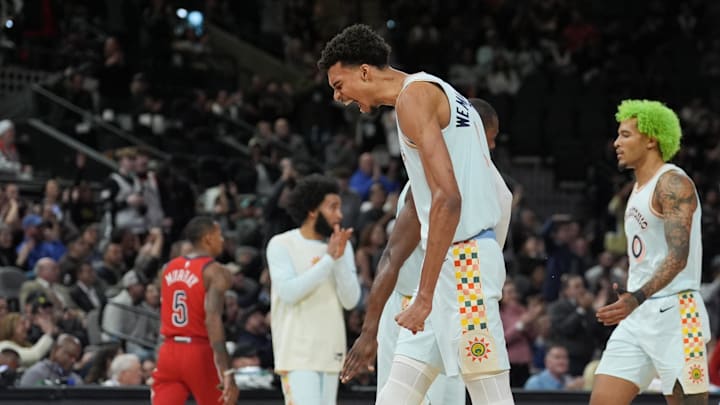  San Antonio Spurs center Victor Wembanyama (1) celebrates in the first half against the New Orleans Pelicans at Frost Bank Center. Mandatory Credit: Daniel Dunn-Imagn Images