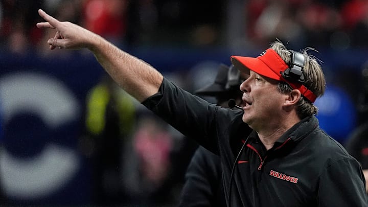 Georgia coach Kirby Smart reacts during overtime of the SEC championship game against Texas in Atlanta, on Saturday, Dec. 7, 2024.