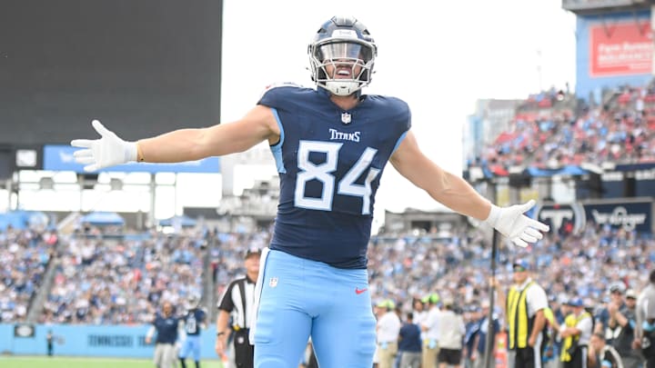 Nov 3, 2024; Nashville, Tennessee, USA; Tennessee Titans tight end Nick Vannett (84) celebrates his touchdown against the New England Patriots during the first half at Nissan Stadium. Nov 3, 2024; Nashville, Tennessee, USA; Tennessee Titans tight end Nick Vannett (84) celebrates his touchdown against the New England Patriots during the first half at Nissan Stadium.