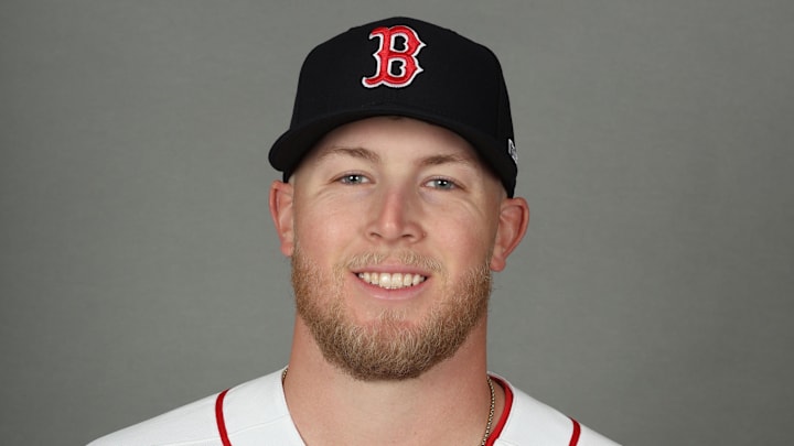 Feb 17, 2026; Lee County, FL, USA; Boston Red Sox pitcher Ryan Watson (56) poses for a photo during media day at JetBlue Park. Mandatory Credit: Kim Klement Neitzel-Imagn Images