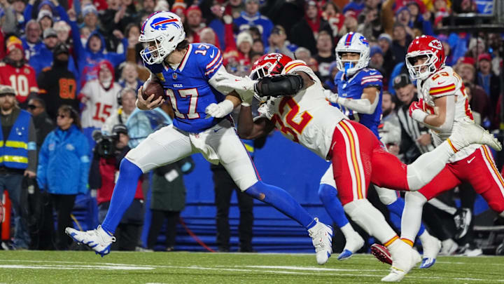 Nov 17, 2024; Orchard Park, New York, USA; Buffalo Bills quarterback Josh Allen (17) runs with the ball for a touchdown against Kansas City Chiefs linebacker Nick Bolton (32) Nov 17, 2024; Orchard Park, New York, USA; Buffalo Bills quarterback Josh Allen (17) runs with the ball for a touchdown against Kansas City Chiefs linebacker Nick Bolton (32)