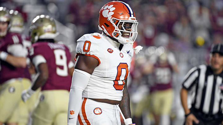 Oct 5, 2024; Tallahassee, Florida, USA; Clemson Tigers linebacker Barrett Carter (0) celebrates after a sack against the Florida State Seminoles during the first half at Doak S. Campbell Stadium. 