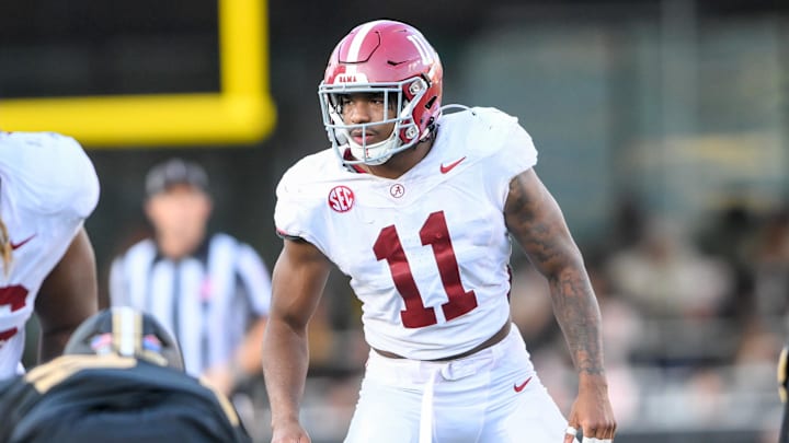 Oct 5, 2024; Nashville, Tennessee, USA; Alabama Crimson Tide linebacker Jihaad Campbell (11) sneaks a peek into the back field against the Vanderbilt Commodores during the second half  at FirstBank Stadium. Mandatory Credit: Steve Roberts-Imagn Images
