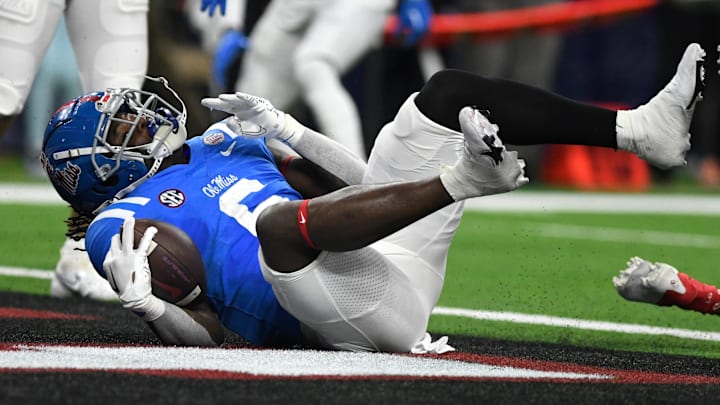 Mississippi's running back Zach Evans (6) scores a touchdown against Texas Tech in the Texas Bowl, Wednesday, Dec. 28, 2022, at NRG Stadium in Houston.