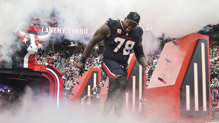 Dec 15, 2024; Houston Texans offensive tackle Laremy Tunsil (78) runs onto the field before the game against the Miami Dolphins at NRG Stadium. Mandatory Credit: Troy Taormina-Imagn Images