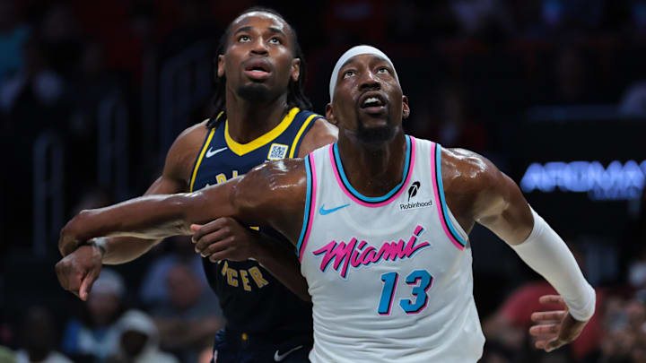 Feb 28, 2025; Miami, Florida, USA; Miami Heat center Bam Adebayo (13) guards Indiana Pacers forward Aaron Nesmith (23) during the first quarter at Kaseya Center. Mandatory Credit: Sam Navarro-Imagn Images Feb 28, 2025; Miami, Florida, USA; Miami Heat center Bam Adebayo (13) guards Indiana Pacers forward Aaron Nesmith (23) during the first quarter at Kaseya Center. Mandatory Credit: Sam Navarro-Imagn Images