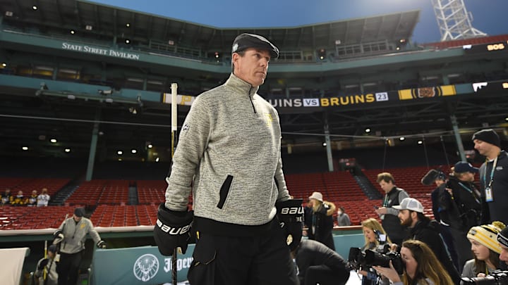 Jan 1, 2023; Boston, MA, USA; Pittsburgh Penguins head coach Mike Sullivan walks to the ice during a practice day before the 2023 Winter Classic ice hockey game at Fenway Park. Mandatory Credit: Bob DeChiara-Imagn Images