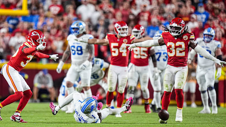 Kansas City Chiefs cornerback Jaylen Watson (35), left, and linebacker Nick Bolton (32), right, celebrate after Detroit Lions failed to convert a 4th down after Detroit Lions wide receiver Jameson Williams (1) misses the catch during the second half at Arrowhead Stadium in Kansas City, Missouri on Sunday, Oct. 12, 2025. Kansas City Chiefs cornerback Jaylen Watson (35), left, and linebacker Nick Bolton (32), right, celebrate after Detroit Lions failed to convert a 4th down after Detroit Lions wide receiver Jameson Williams (1) misses the catch during the second half at Arrowhead Stadium in Kansas City, Missouri on Sunday, Oct. 12, 2025.