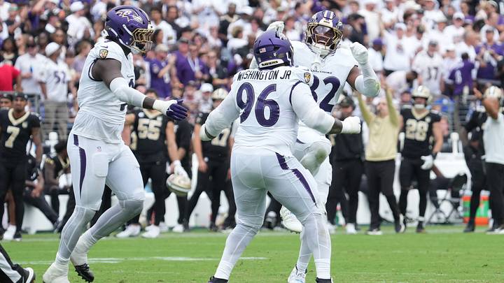 Sep 20, 2026; Baltimore, Maryland, USA; Baltimore Ravens linebacker Trenton Simpson (32) reacts after a defensive stop in the fourth quarter against the New Orleans Saints at M&T Bank Stadium. Mandatory Credit: James Lang-Imagn Images Sep 20, 2026; Baltimore, Maryland, USA; Baltimore Ravens linebacker Trenton Simpson (32) reacts after a defensive stop in the fourth quarter against the New Orleans Saints at M&T Bank Stadium. Mandatory Credit: James Lang-Imagn Images