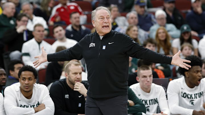 Mar 13, 2026; Chicago, IL, USA; Michigan State Spartans head coach Tom Izzo reacts during the first half at United Center. Mandatory Credit: Kamil Krzaczynski-Imagn Images