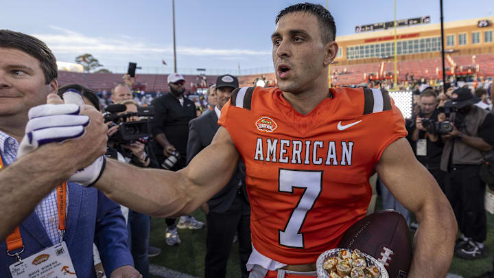 TCU receiver Jack Bech celebrates after catching the game-winning touchdown on the final play of the Senior Bowl.