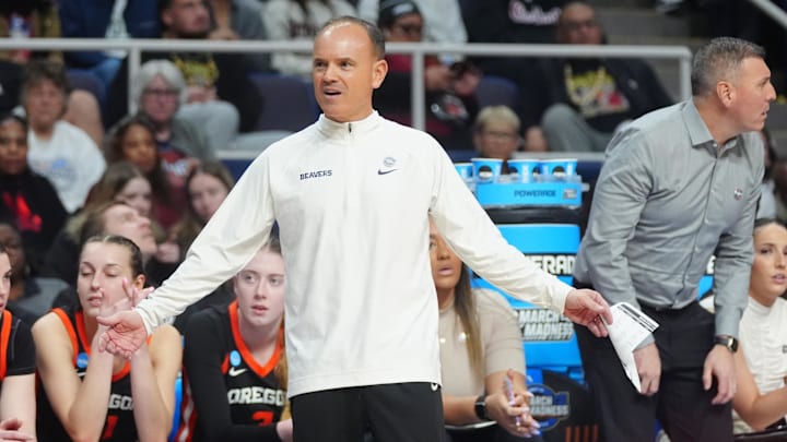 Mar 29, 2024; Albany, NY, USA; Oregon State Beavers head coach Scott Rueck reacts to a call on the court during the second half in the semifinals of the Albany Regional of the 2024 NCAA Tournament at the MVP Arena at MVP Arena. Mandatory Credit: Gregory Fisher-Imagn Images