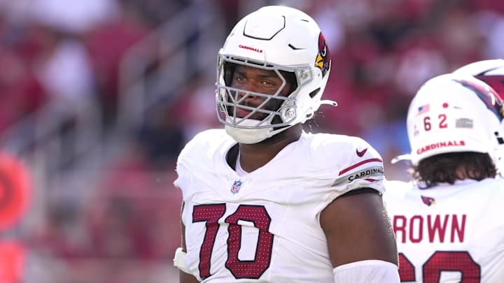 Oct 6, 2024; Santa Clara, California, USA; Arizona Cardinals offensive tackle Paris Johnson Jr. (70) during the third quarter against the San Francisco 49ers at Levi's Stadium. Mandatory Credit: Darren Yamashita-Imagn Images