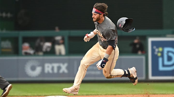 Sep 29, 2024; Washington, District of Columbia, USA; Washington Nationals right fielder Dylan Crews (3) rounds second base after hitting a triple against the Philadelphia Phillies during the sixth inning at Nationals Park. Sep 29, 2024; Washington, District of Columbia, USA; Washington Nationals right fielder Dylan Crews (3) rounds second base after hitting a triple against the Philadelphia Phillies during the sixth inning at Nationals Park.