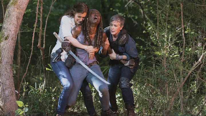 Danai Gurira as Michonne, Lauren Cohan as Maggie Rhee, Melissa McBride as Carol Peletier - The Walking Dead _ Season 9, Episode 5 - Photo Credit: Jackson Lee Davis/AMC