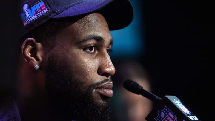 Philadelphia Eagles linebacker Haason Reddick speaks to the media at the Footprint Center in downtown Phoenix during the NFL's Super Bowl opening night on Feb. 6, 2023. Philadelphia Eagles linebacker Haason Reddick speaks to the media at the Footprint Center in downtown Phoenix during the NFL's Super Bowl opening night on Feb. 6, 2023.