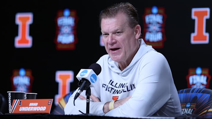 Apr 3, 2026; Indianapolis, IN, USA; Illinois Fighting Illini head coach Brad Underwood speaks during a press conference ahead of the Final Four of the men's 2026 NCAA Tournament at Lucas Oil Stadium. Mandatory Credit: Trevor Ruszkowski-Imagn Images Apr 3, 2026; Indianapolis, IN, USA; Illinois Fighting Illini head coach Brad Underwood speaks during a press conference ahead of the Final Four of the men's 2026 NCAA Tournament at Lucas Oil Stadium. Mandatory Credit: Trevor Ruszkowski-Imagn Images
