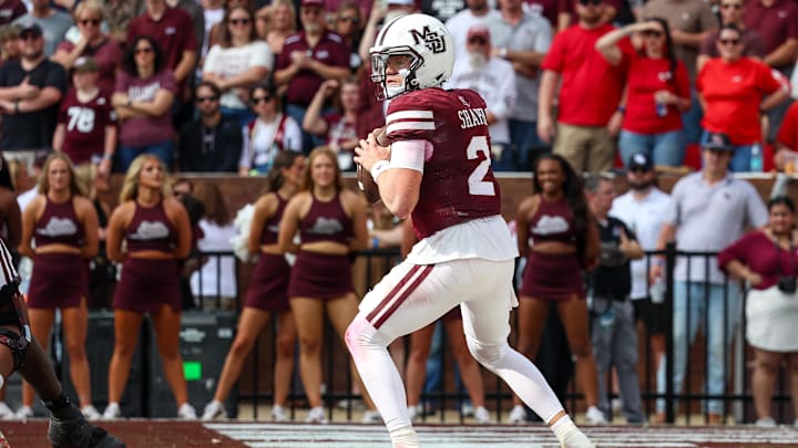 Nov 8, 2025; Starkville, Mississippi, USA; Mississippi State Bulldogs quarterback Blake Shapen (2) looks to pass the ball against the Georgia Bulldogs during the first half at Davis Wade Stadium at Scott Field. Mandatory Credit: Wesley Hale-Imagn Images