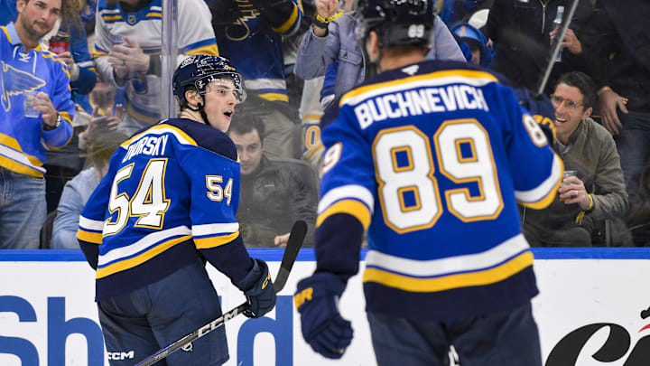 Nov 3, 2025; St. Louis, Missouri, USA; St. Louis Blues right wing Dalibor Dvorsky (54) reacts after scoring his first NHL goal against the Edmonton Oilers during the second period at Enterprise Center. Mandatory Credit: Jeff Curry-Imagn Images