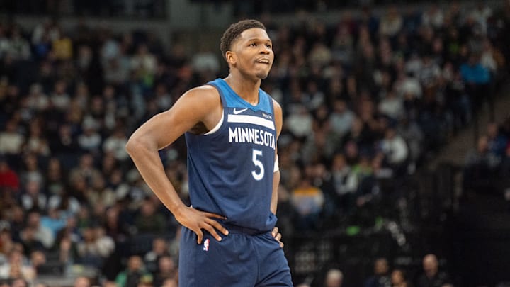 Dec 13, 2024; Minneapolis, Minnesota, USA; Minnesota Timberwolves guard Anthony Edwards (5) watches the Los Angeles Lakers shoot free throws in the second quarter at Target Center. Dec 13, 2024; Minneapolis, Minnesota, USA; Minnesota Timberwolves guard Anthony Edwards (5) watches the Los Angeles Lakers shoot free throws in the second quarter at Target Center.