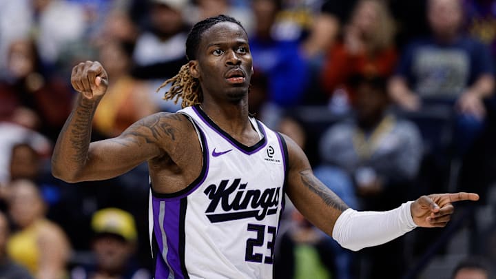 Nov 3, 2025; Denver, Colorado, USA; Sacramento Kings guard Keon Ellis (23) reacts after a basket in the third quarter against the Denver Nuggets at Ball Arena. Mandatory Credit: Isaiah J. Downing-Imagn Images