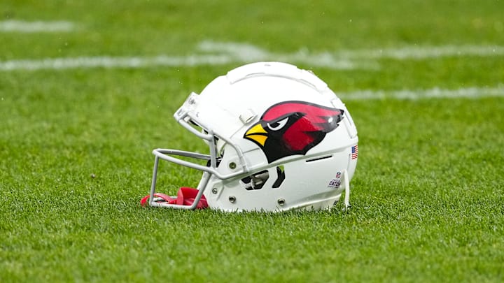 Oct 13, 2024; Green Bay, Wisconsin, USA;  General view of an Arizona Cardinals helmet during warmups prior to the game against the Green Bay Packers at Lambeau Field. Mandatory Credit: Jeff Hanisch-Imagn Images