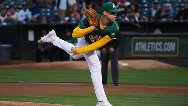 Sep 25, 2024; Oakland, California, USA; Oakland Athletics starting pitcher Brady Basso (66) pitches the ball against the Texas Rangers during the first inning at Oakland-Alameda County Coliseum. Mandatory Credit: Kelley L Cox-Imagn Images