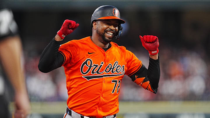 Aug 31, 2024; Denver, Colorado, USA; Baltimore Orioles designated hitter Eloy Jimenez (72) celebrates his solo home run in the fifth inning against the Colorado Rockies at Coors Field.