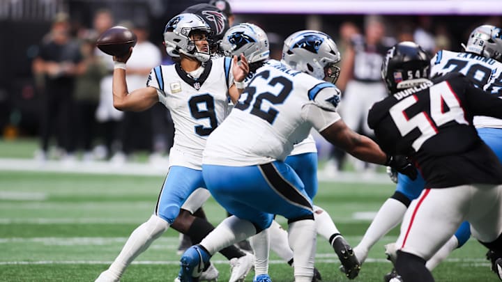 Nov 16, 2025; Atlanta, Georgia, USA; Carolina Panthers quarterback Bryce Young (9) prepares to throw in the third quarter against the Atlanta Falcons at Mercedes-Benz Stadium. Mandatory Credit: Brett Davis-Imagn Images