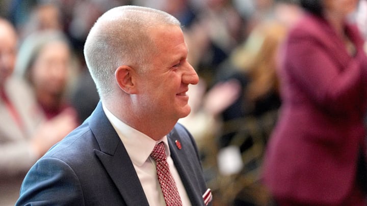 Incoming Oklahoma athletic director Roger Denny is introduced during a ceremony at the Gaylord Family –– Oklahoma Memorial Stadium in Norman, Okla.,, Wednesday Jan. 28, 2026. Incoming Oklahoma athletic director Roger Denny is introduced during a ceremony at the Gaylord Family –– Oklahoma Memorial Stadium in Norman, Okla.,, Wednesday Jan. 28, 2026.