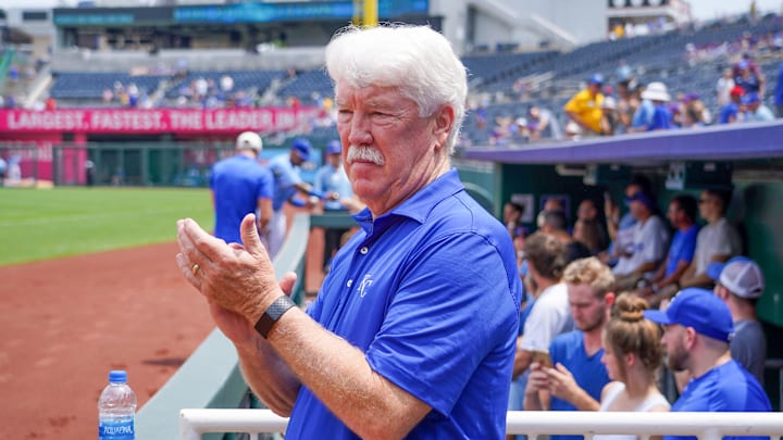 Jul 25, 2021; Kansas City, Missouri, USA; Kansas City Royals owners group principal owner John Sherman applauds during warm ups before the game against the Detroit Tigers at Kauffman Stadium. Mandatory Credit: Denny Medley-Imagn Images