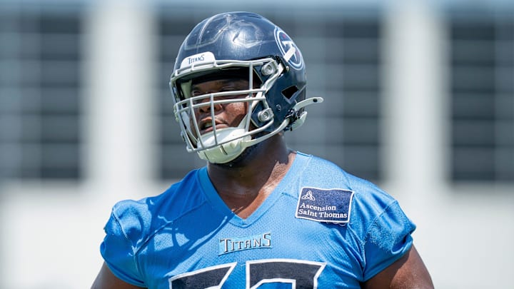 Saahdiq Charles (53) runs through drills during Tennessee Titans practice at Ascension Saint Thomas Sports Park in Nashville, Tenn., Wednesday, May 29, 2024. Saahdiq Charles (53) runs through drills during Tennessee Titans practice at Ascension Saint Thomas Sports Park in Nashville, Tenn., Wednesday, May 29, 2024.