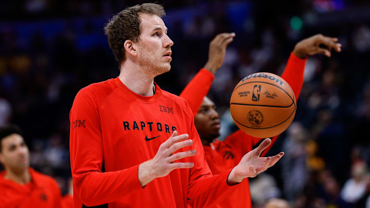 Mar 20, 2026; Denver, Colorado, USA; Toronto Raptors center Jakob Poeltl (19) before the game against the Denver Nuggets at Ball Arena. Mandatory Credit: Isaiah J. Downing-Imagn Images