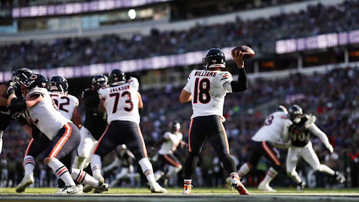 Oct 26, 2025; Baltimore, Maryland, USA; Chicago Bears quarterback Caleb Williams (18) throws a pass during the fourth quarter against the Baltimore Ravens at M&T Bank Stadium. Mandatory Credit: Geoff Burke-Imagn Images Oct 26, 2025; Baltimore, Maryland, USA; Chicago Bears quarterback Caleb Williams (18) throws a pass during the fourth quarter against the Baltimore Ravens at M&T Bank Stadium. Mandatory Credit: Geoff Burke-Imagn Images