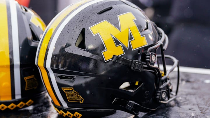 Nov 30, 2024; Columbia, Missouri, USA; A general view of a Missouri Tigers helmet against the Arkansas Razorbacks during the first half at Faurot Field at Memorial Stadium. Mandatory Credit: Denny Medley-Imagn Images