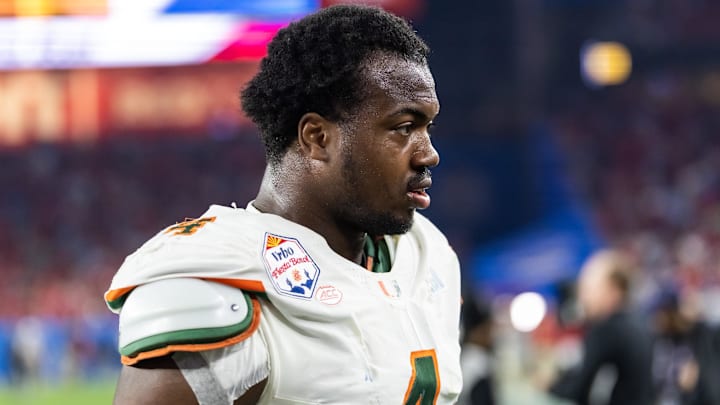 Jan 8, 2026; Glendale, AZ, USA; Miami Hurricanes defensive lineman Rueben Bain Jr. (4) against the Mississippi Rebels during the 2026 Fiesta Bowl and semifinal game of the College Football Playoff at State Farm Stadium. Mandatory Credit: Mark J. Rebilas-Imagn Images Jan 8, 2026; Glendale, AZ, USA; Miami Hurricanes defensive lineman Rueben Bain Jr. (4) against the Mississippi Rebels during the 2026 Fiesta Bowl and semifinal game of the College Football Playoff at State Farm Stadium. Mandatory Credit: Mark J. Rebilas-Imagn Images